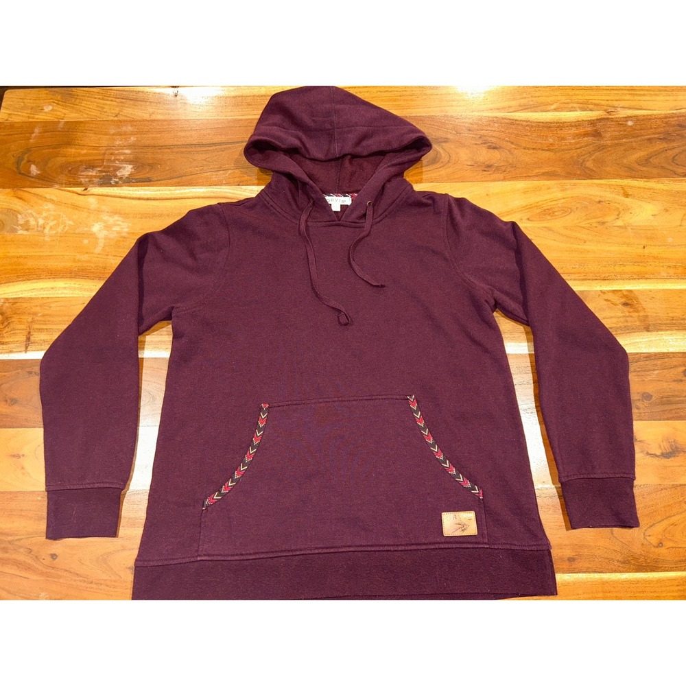 Orvis Womens Burgundy Fleece Hoodie Southwestern Trim Logo Patch Small RN70534
